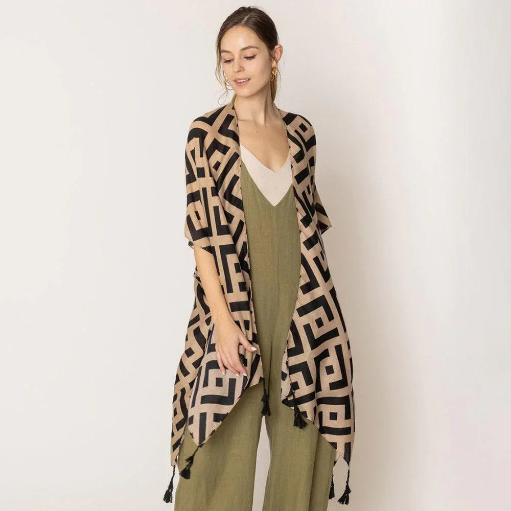 Taupe Geometric Print Kimono Poncho - Jewelry Store by Erik Rayo