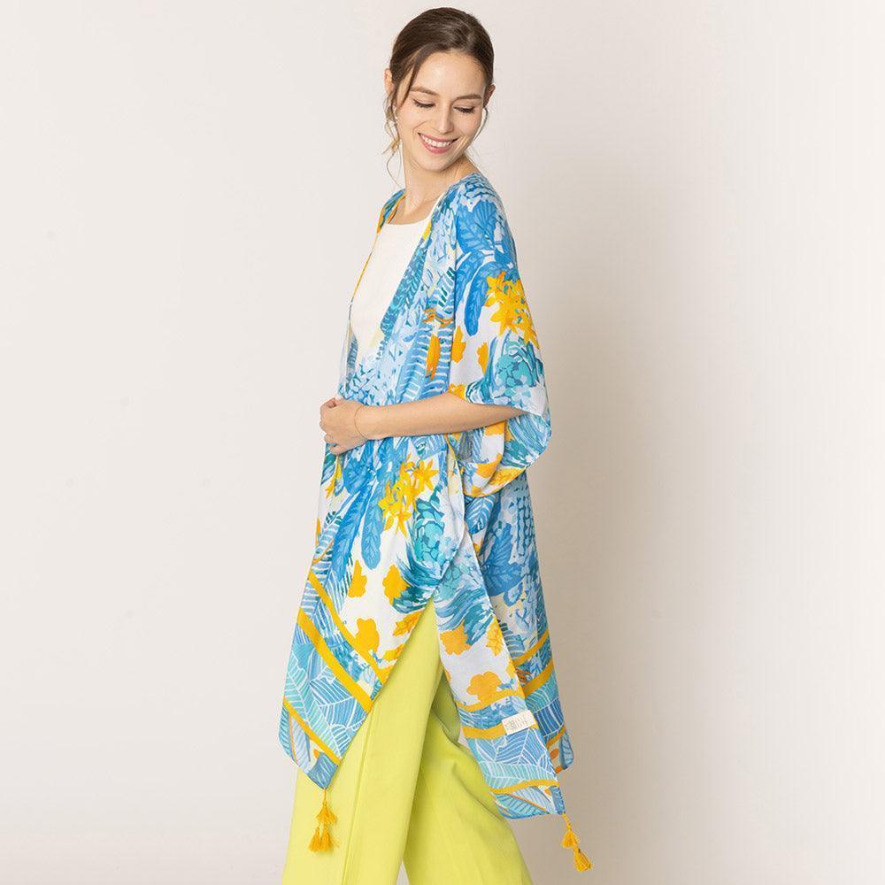Blue Floral Print Tassel Kimono Poncho - Jewelry Store by Erik Rayo