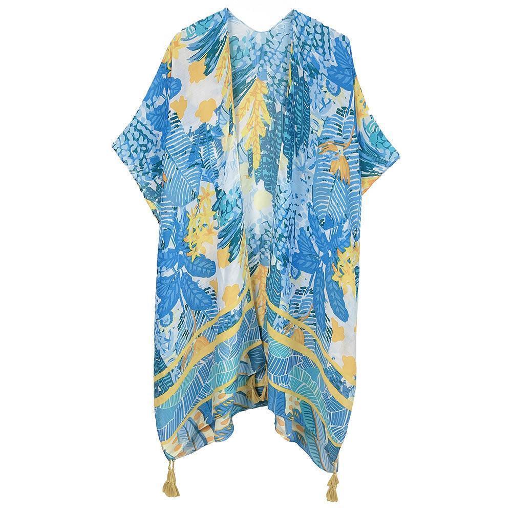Blue Floral Print Tassel Kimono Poncho - Jewelry Store by Erik Rayo