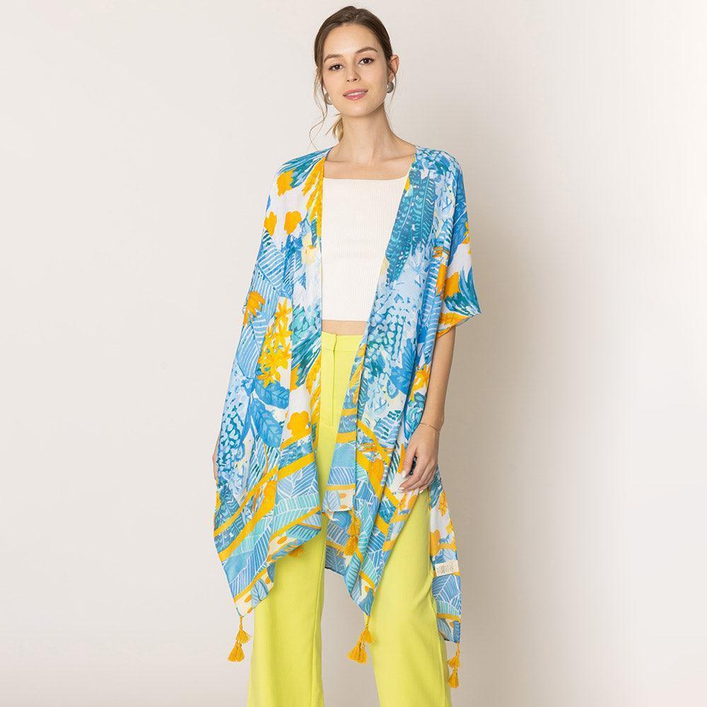 Blue Floral Print Tassel Kimono Poncho - Jewelry Store by Erik Rayo