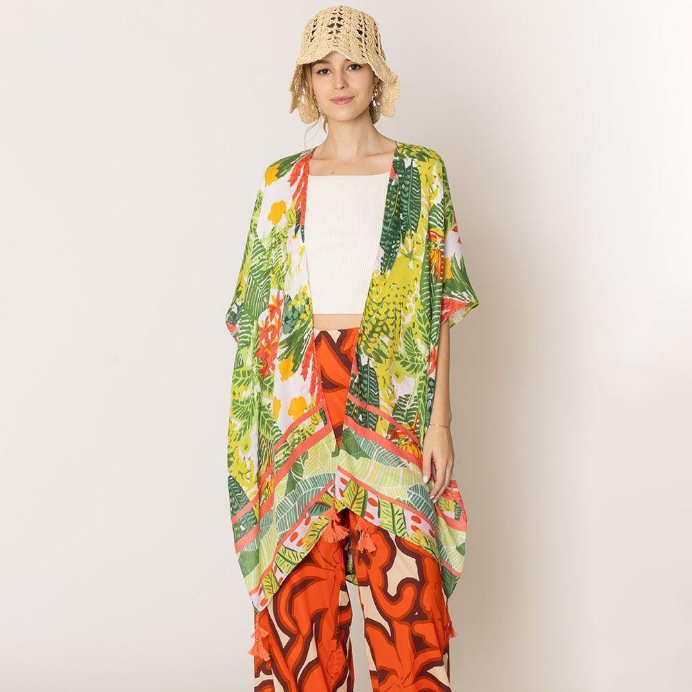 Green Floral Print Tassel Kimono Poncho - Jewelry Store by Erik Rayo
