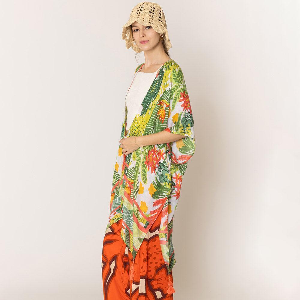 Green Floral Print Tassel Kimono Poncho - Jewelry Store by Erik Rayo