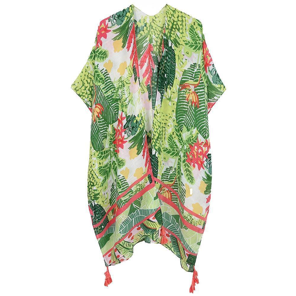 Green Floral Print Tassel Kimono Poncho - Jewelry Store by Erik Rayo