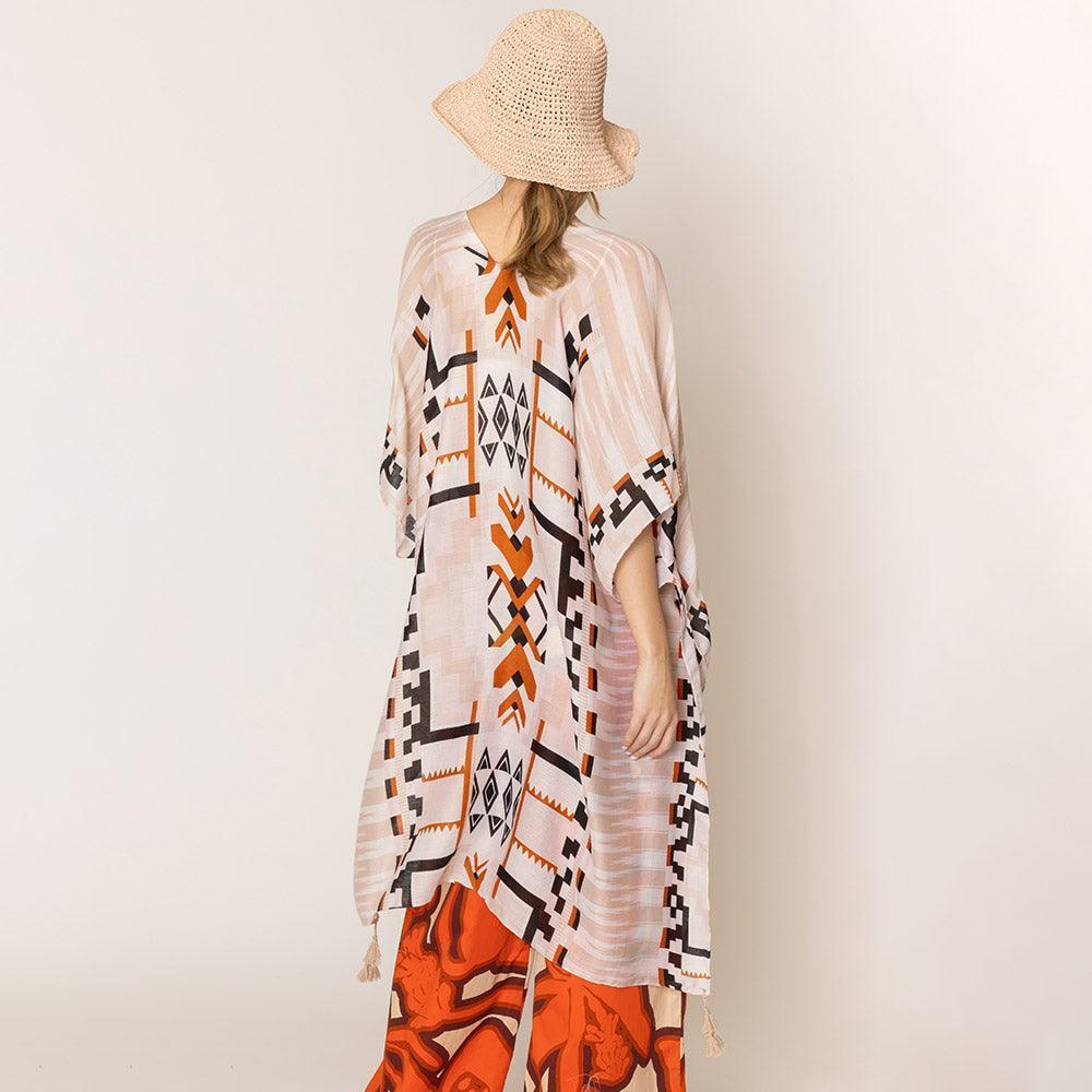 Beige Aztec Print Kimono Poncho - Jewelry Store by Erik Rayo