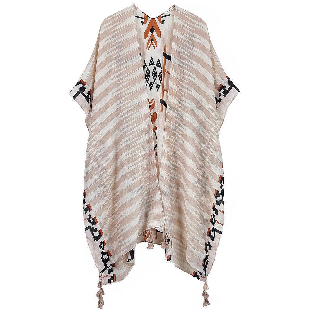 Beige Aztec Print Kimono Poncho - Jewelry Store by Erik Rayo