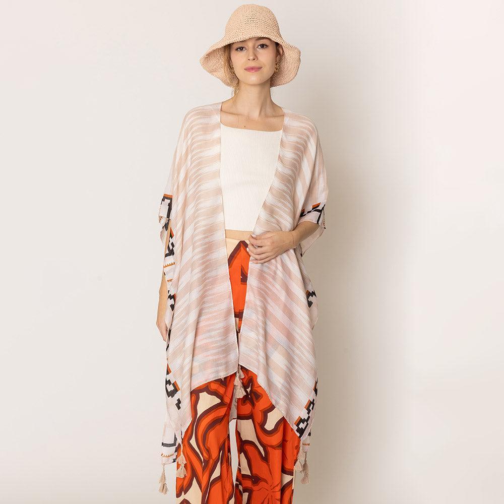 Beige Aztec Print Kimono Poncho - Jewelry Store by Erik Rayo