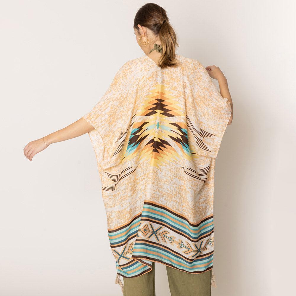 Beige Aztec Print Kimono Poncho - Jewelry Store by Erik Rayo