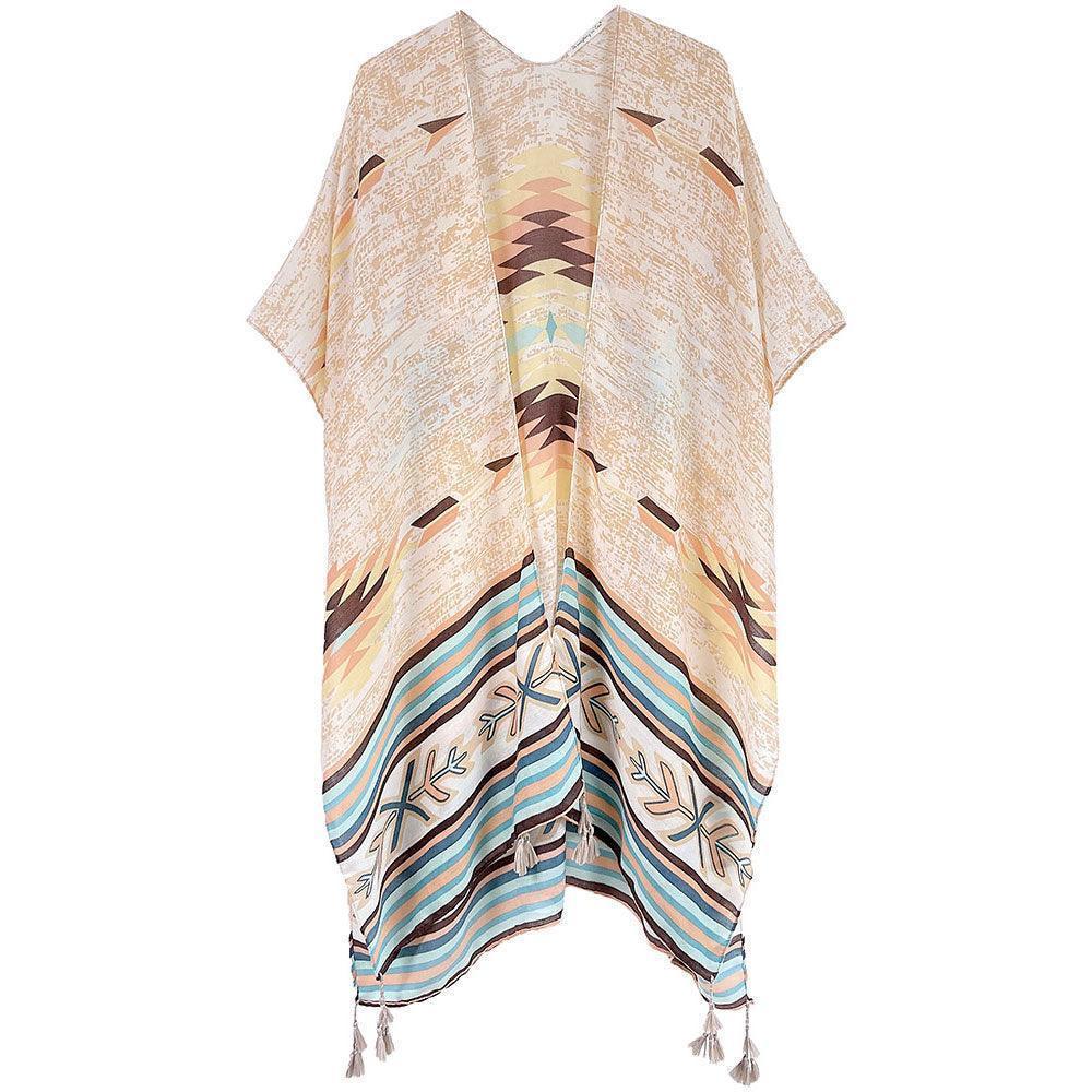 Beige Aztec Print Kimono Poncho - Jewelry Store by Erik Rayo