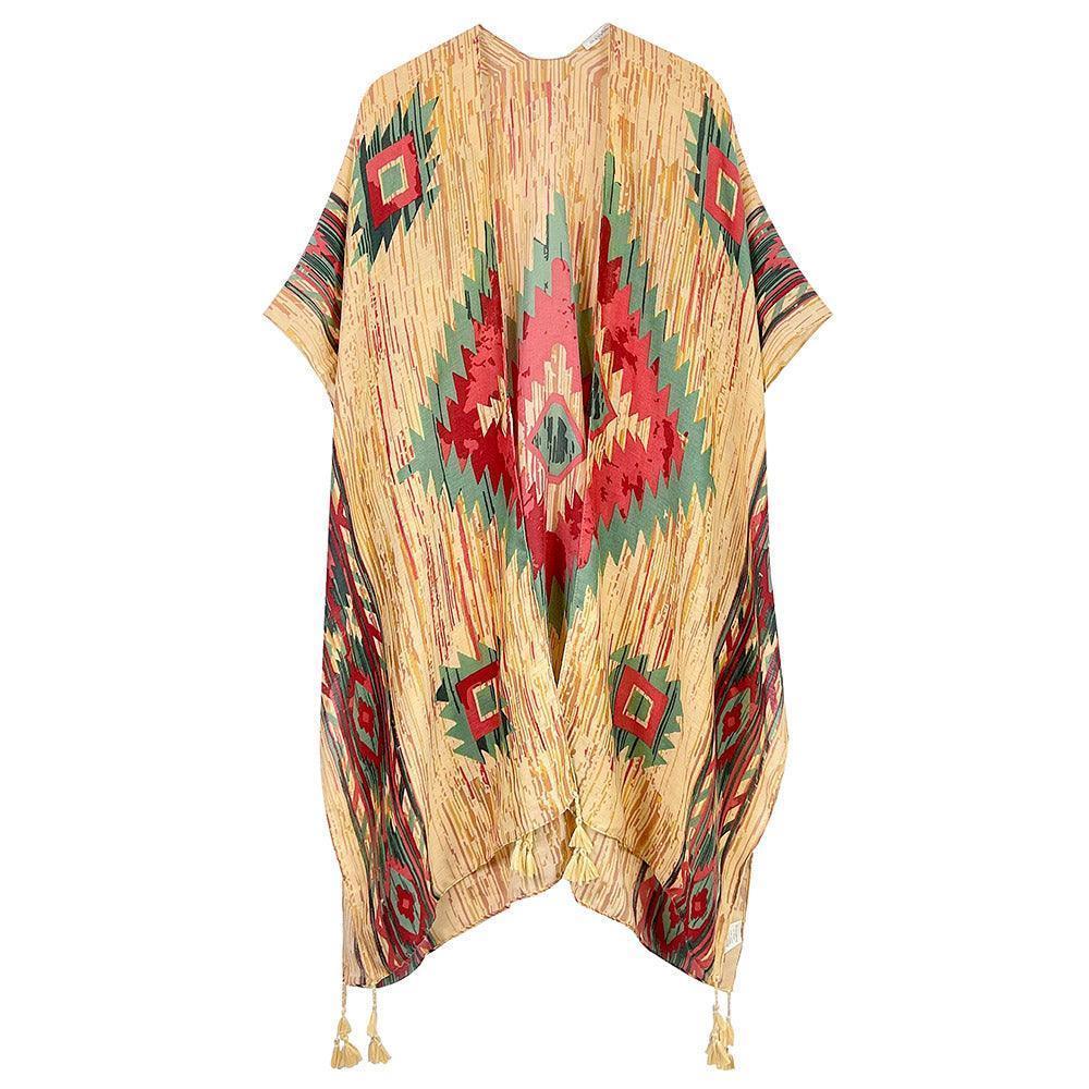 Beige Aztec Print Kimono Poncho - Jewelry Store by Erik Rayo