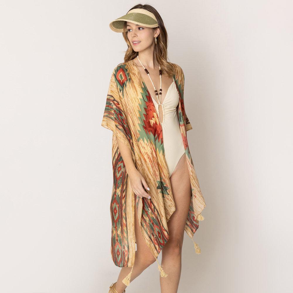 Beige Aztec Print Kimono Poncho - Jewelry Store by Erik Rayo