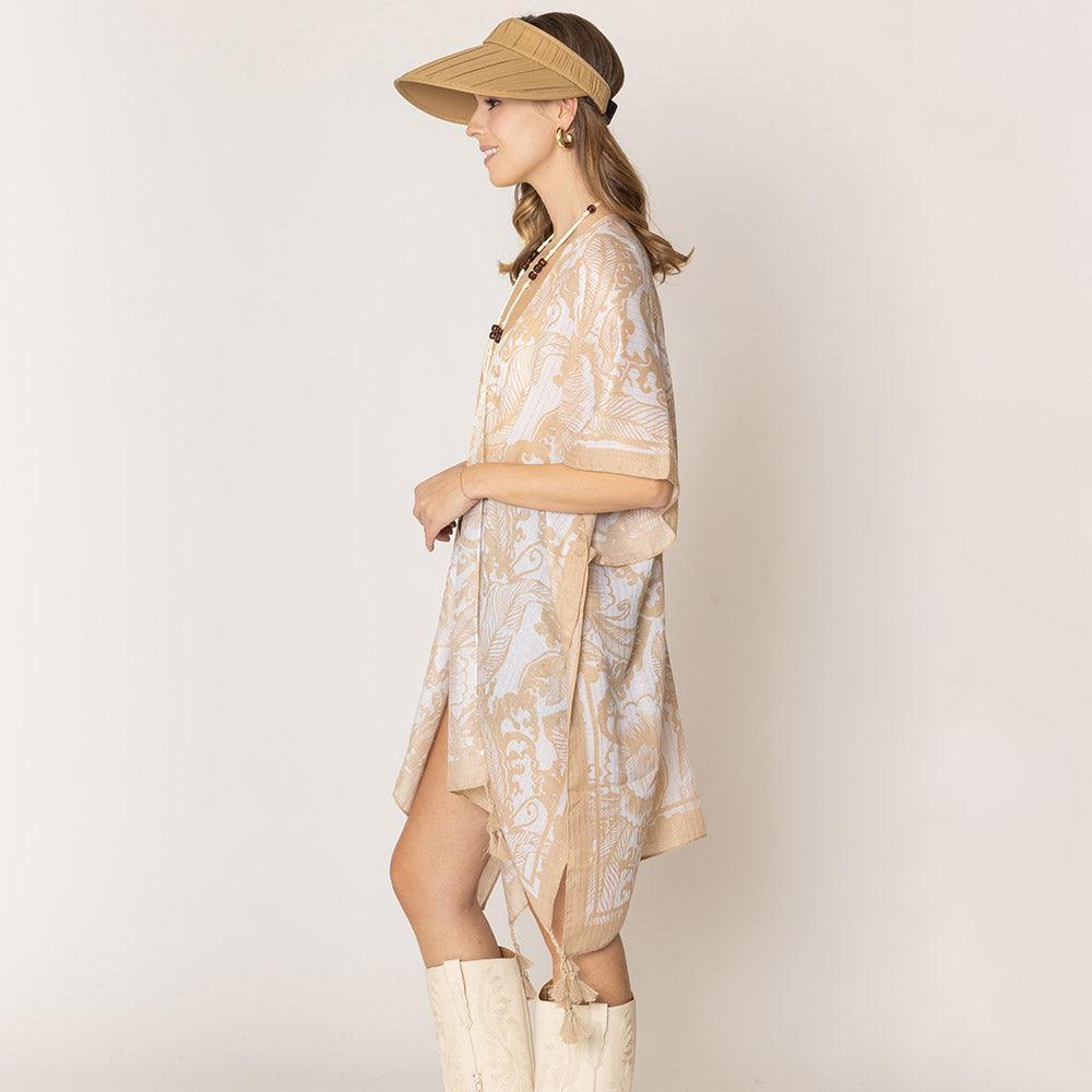 Beige Two Tone Tropical Leaf Printed Lurex Kimono Poncho - Jewelry Store by Erik Rayo
