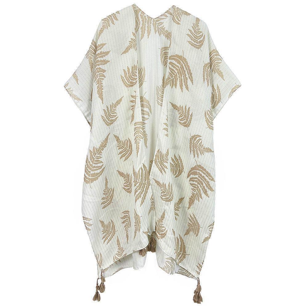 Beige Two Tone Tropical Leaf Printed Lurex Kimono Poncho - Jewelry Store by Erik Rayo
