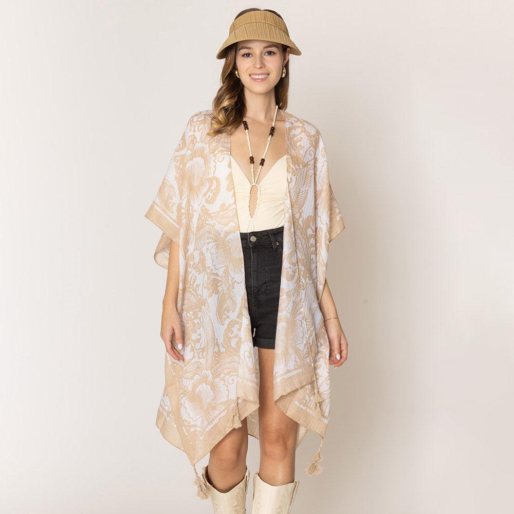 Beige Two Tone Tropical Leaf Printed Lurex Kimono Poncho - Jewelry Store by Erik Rayo