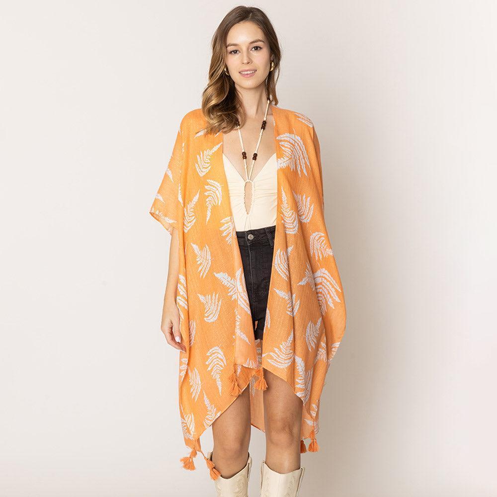 Peach Two Tone Tropical Leaf Printed Lurex Kimono Poncho - Jewelry Store by Erik Rayo