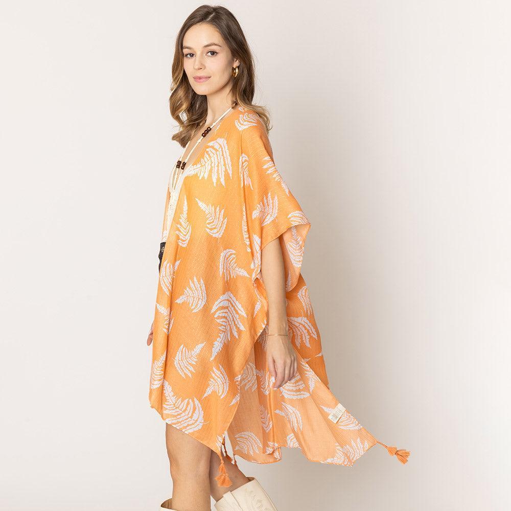 Peach Two Tone Tropical Leaf Printed Lurex Kimono Poncho - Jewelry Store by Erik Rayo