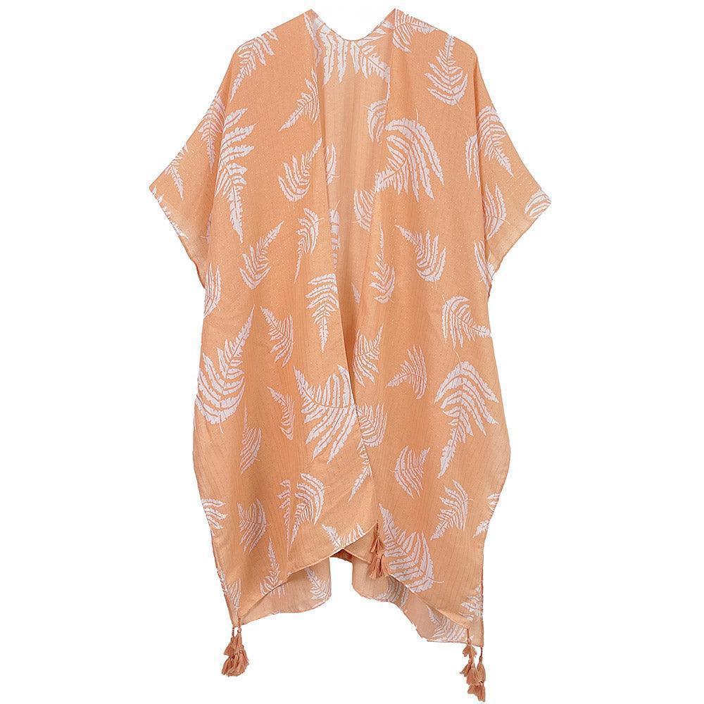 Peach Two Tone Tropical Leaf Printed Lurex Kimono Poncho - Jewelry Store by Erik Rayo