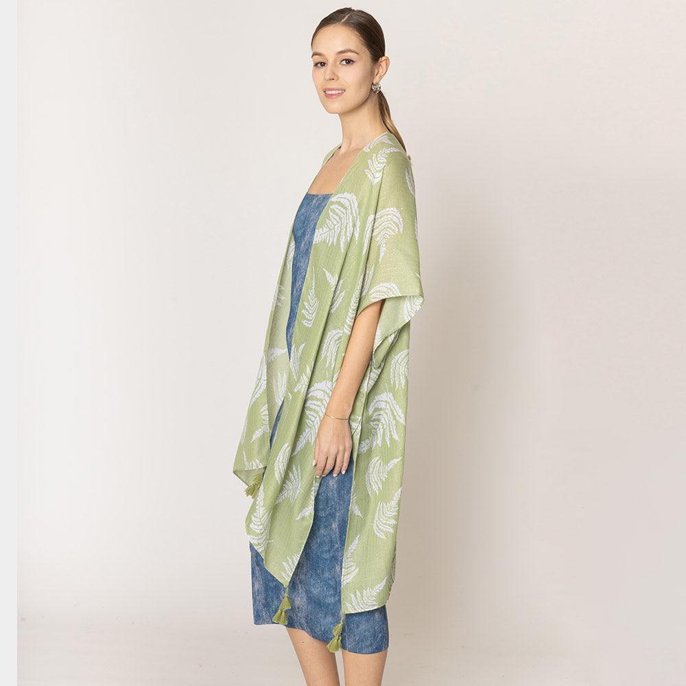 Green Two Tone Tropical Leaf Printed Lurex Kimono Poncho - Jewelry Store by Erik Rayo