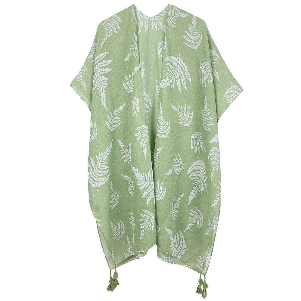 Green Two Tone Tropical Leaf Printed Lurex Kimono Poncho - Jewelry Store by Erik Rayo