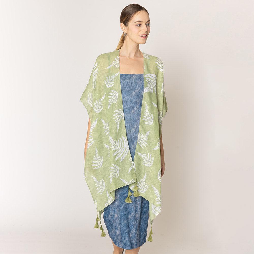 Green Two Tone Tropical Leaf Printed Lurex Kimono Poncho - Jewelry Store by Erik Rayo