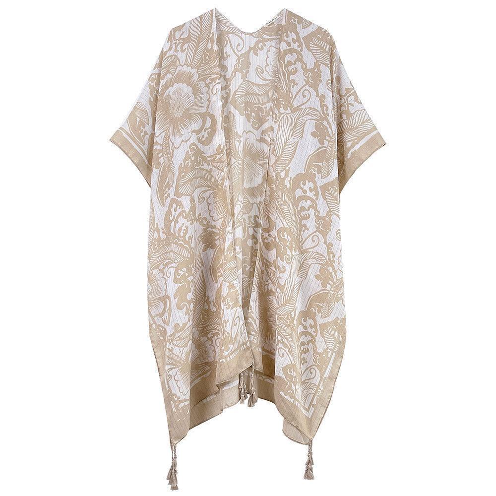Beige Two Tone Floral Print Kimono Poncho - Jewelry Store by Erik Rayo