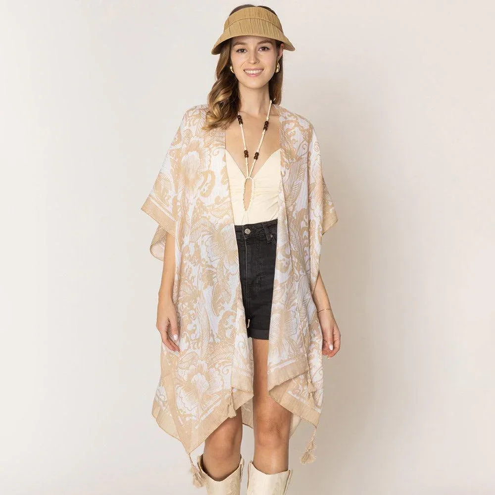 Beige Two Tone Floral Print Kimono Poncho - Jewelry Store by Erik Rayo