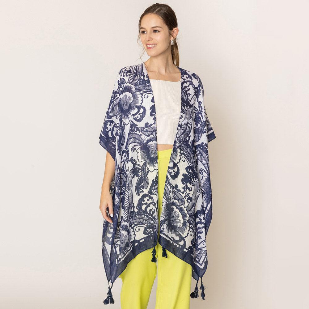 Navy Two Tone Floral Print Kimono Poncho - Jewelry Store by Erik Rayo