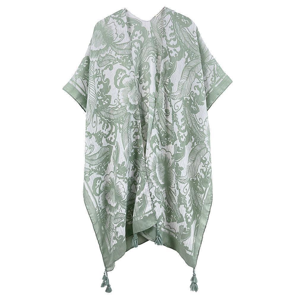 Green Two Tone Floral Print Kimono Poncho - Jewelry Store by Erik Rayo