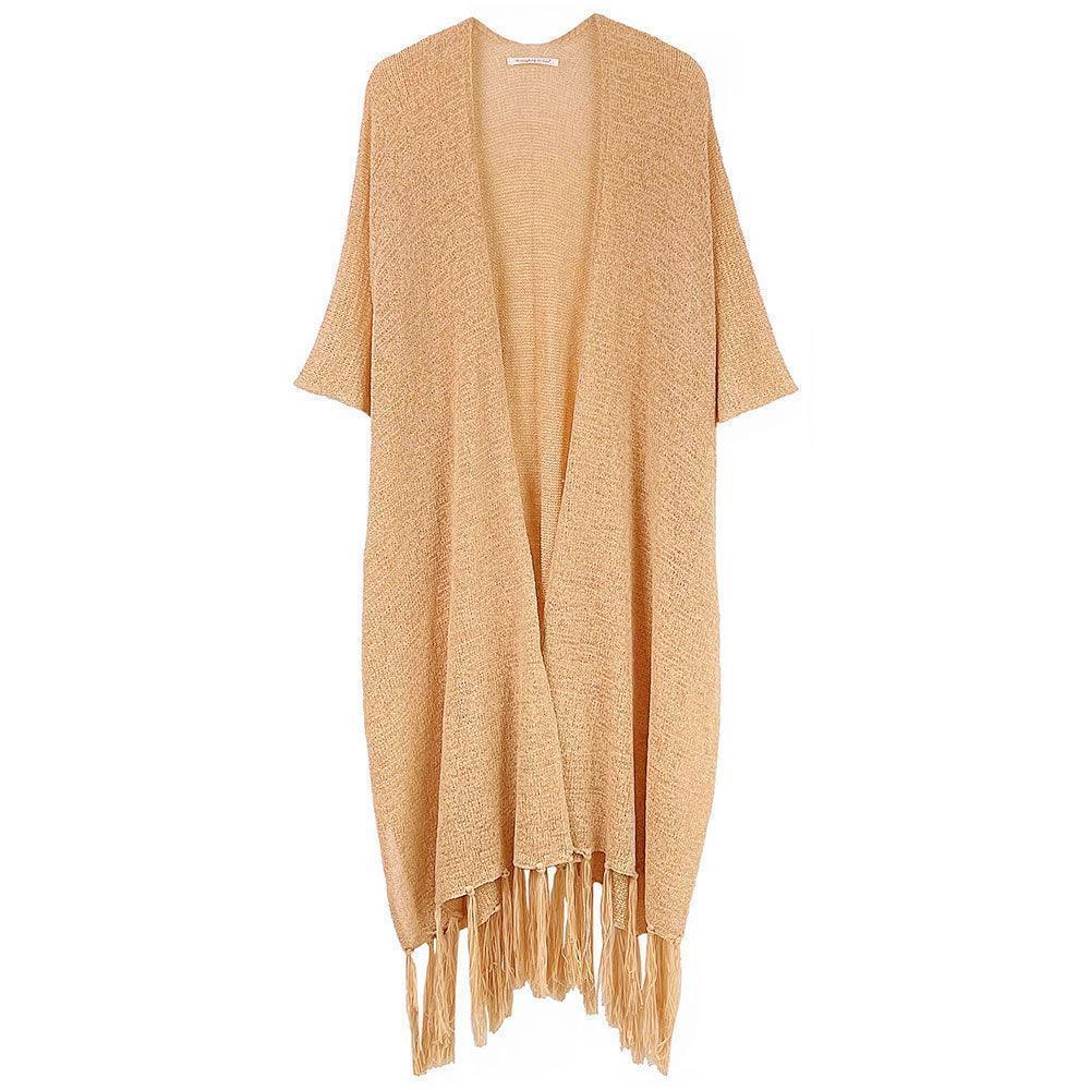 Beige Knit Fringe Kimono Poncho - Jewelry Store by Erik Rayo