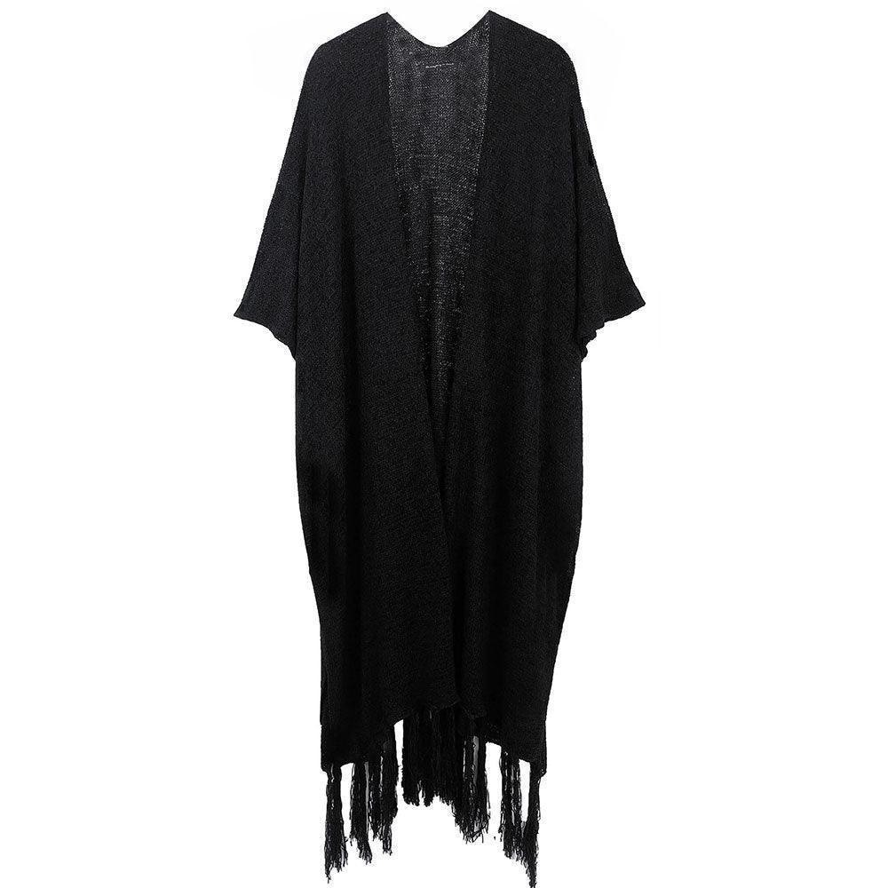 Black Knit Fringe Kimono Poncho - Jewelry Store by Erik Rayo