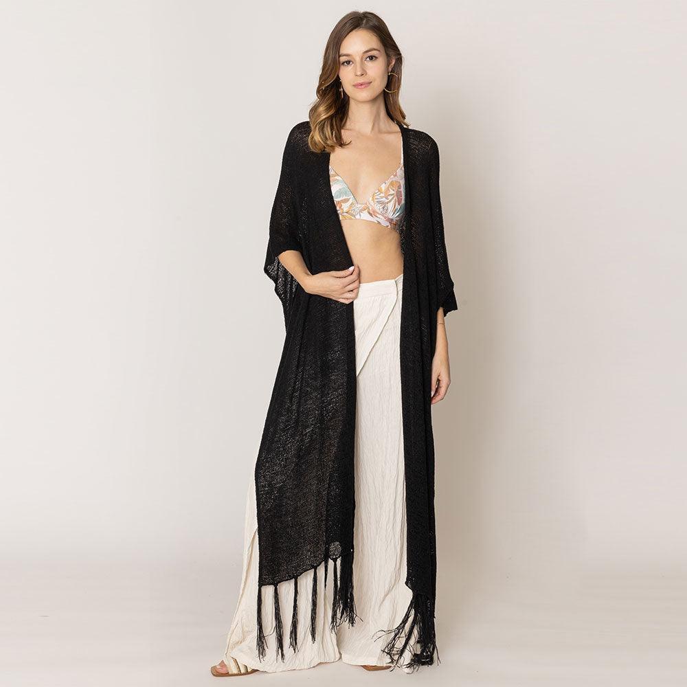 Black Knit Fringe Kimono Poncho - Jewelry Store by Erik Rayo