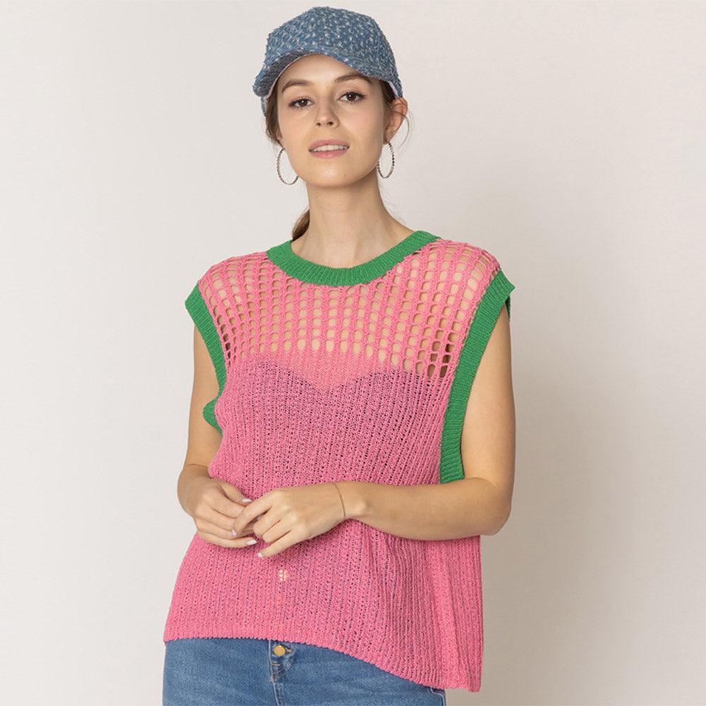 Pink Chest Blocked Crochet Poncho Vest