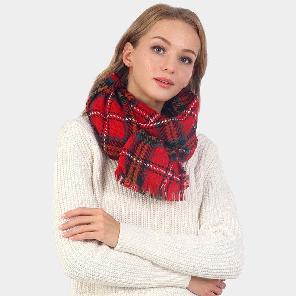 Red Plaid Check Patterned Fringe Oblong Scarf