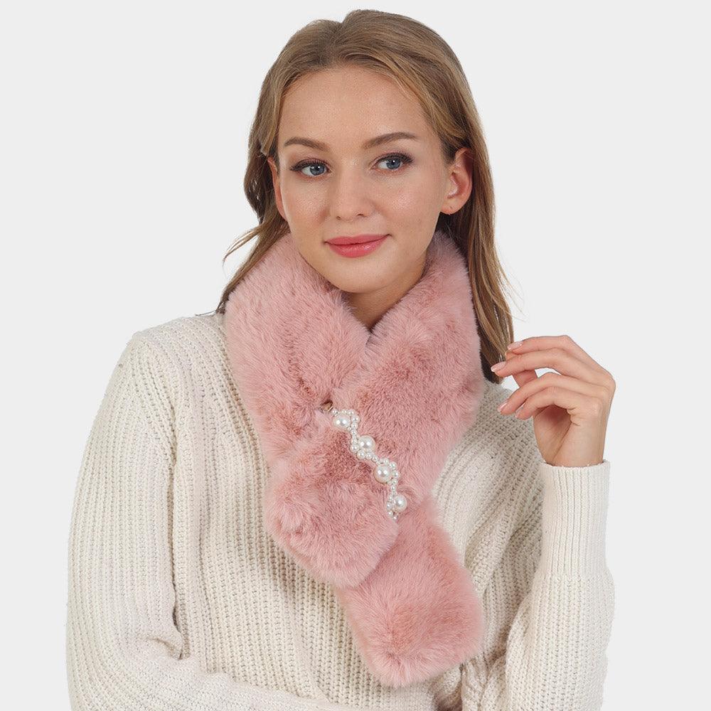Pink Pearl Flower Faux Fur Pull Through Scarf - Jewelry Store by Erik Rayo