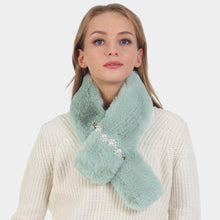 Load image into Gallery viewer, Mint Pearl Flower Faux Fur Pull Through Scarf
