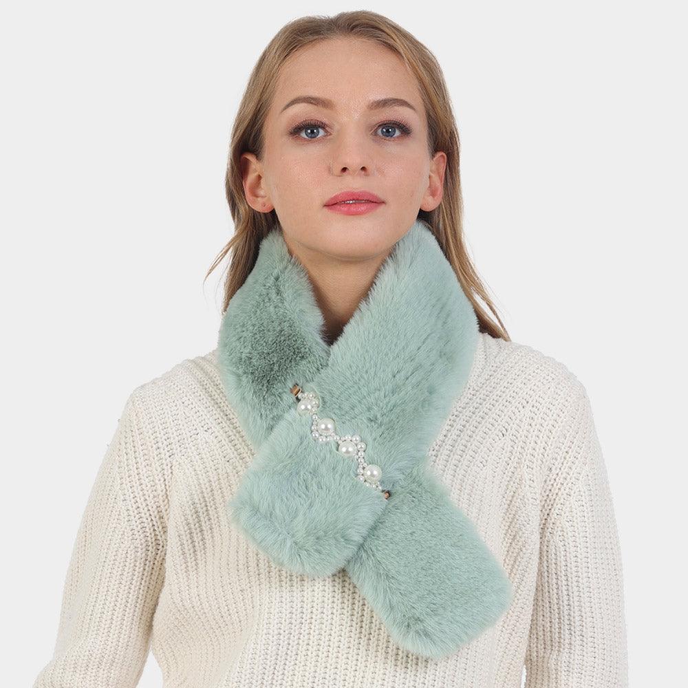 Mint Pearl Flower Faux Fur Pull Through Scarf