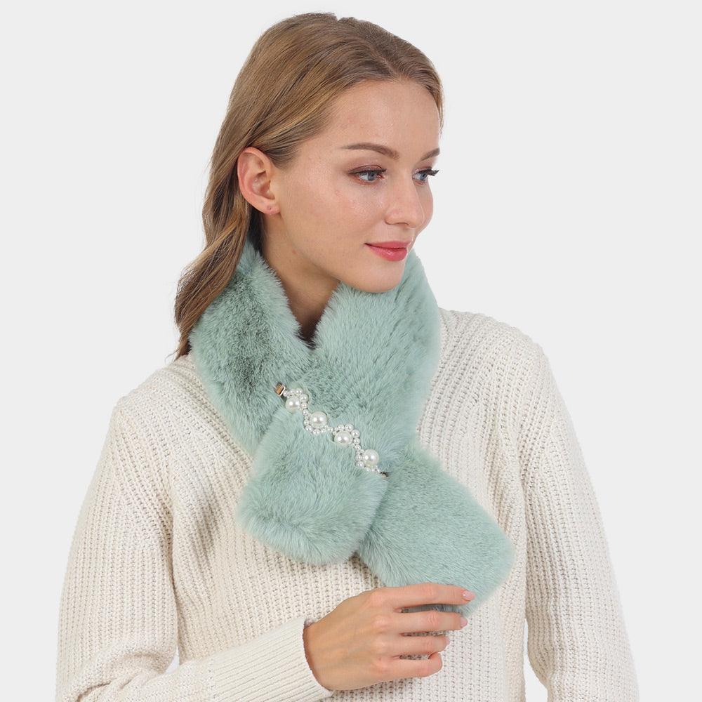 Mint Pearl Flower Faux Fur Pull Through Scarf - Jewelry Store by Erik Rayo
