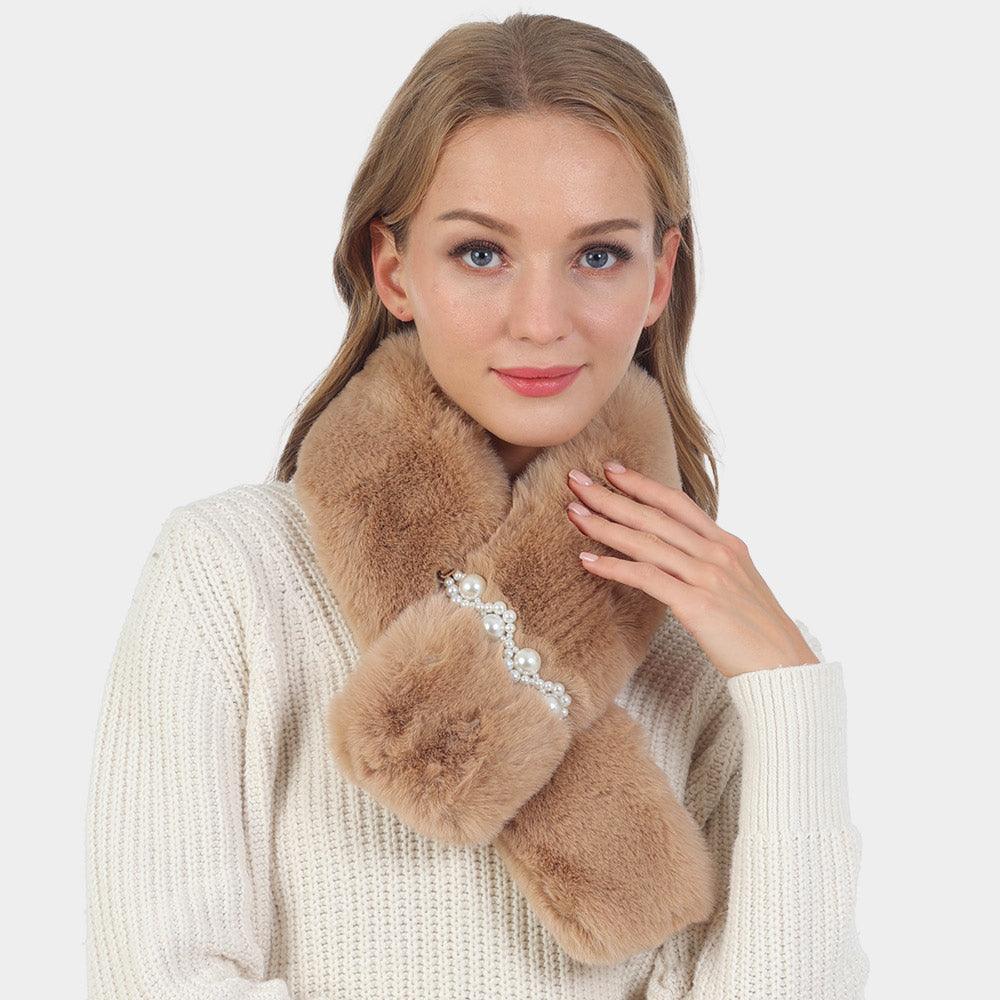 Taupe Pearl Flower Faux Fur Pull Through Scarf - Jewelry Store by Erik Rayo