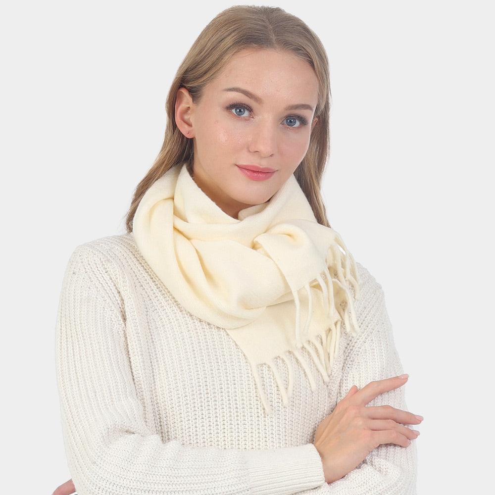 Ivory Solid Fringe Oblong Scarf