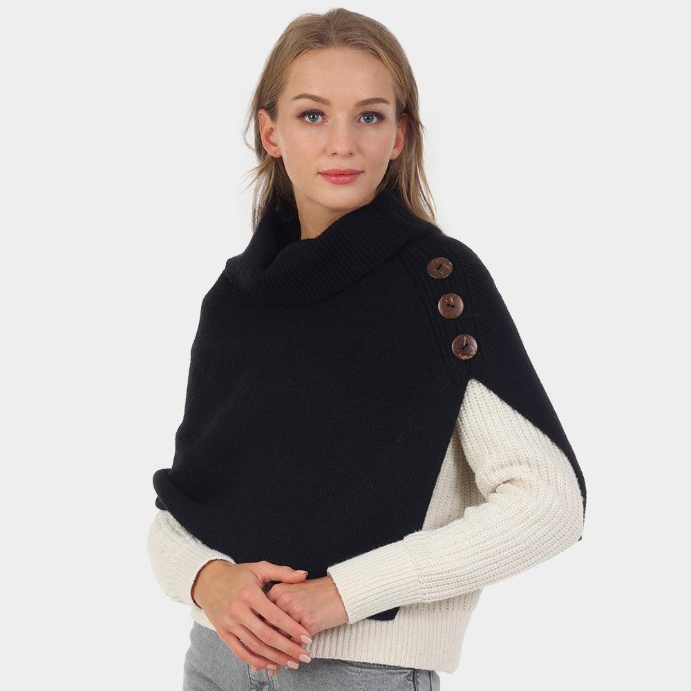 Black Button Pointed Slit Turtleneck Knit Shawl Scarf - Jewelry Store by Erik Rayo