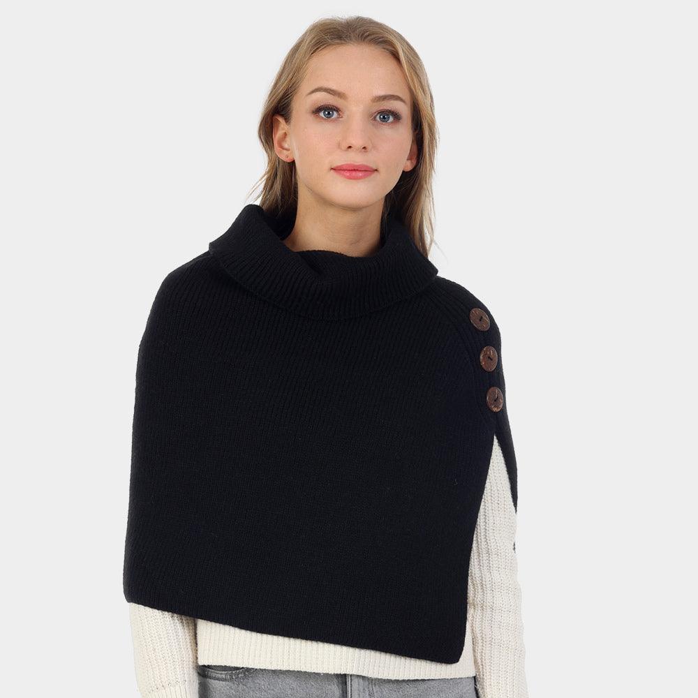 Black Button Pointed Slit Turtleneck Knit Shawl Scarf