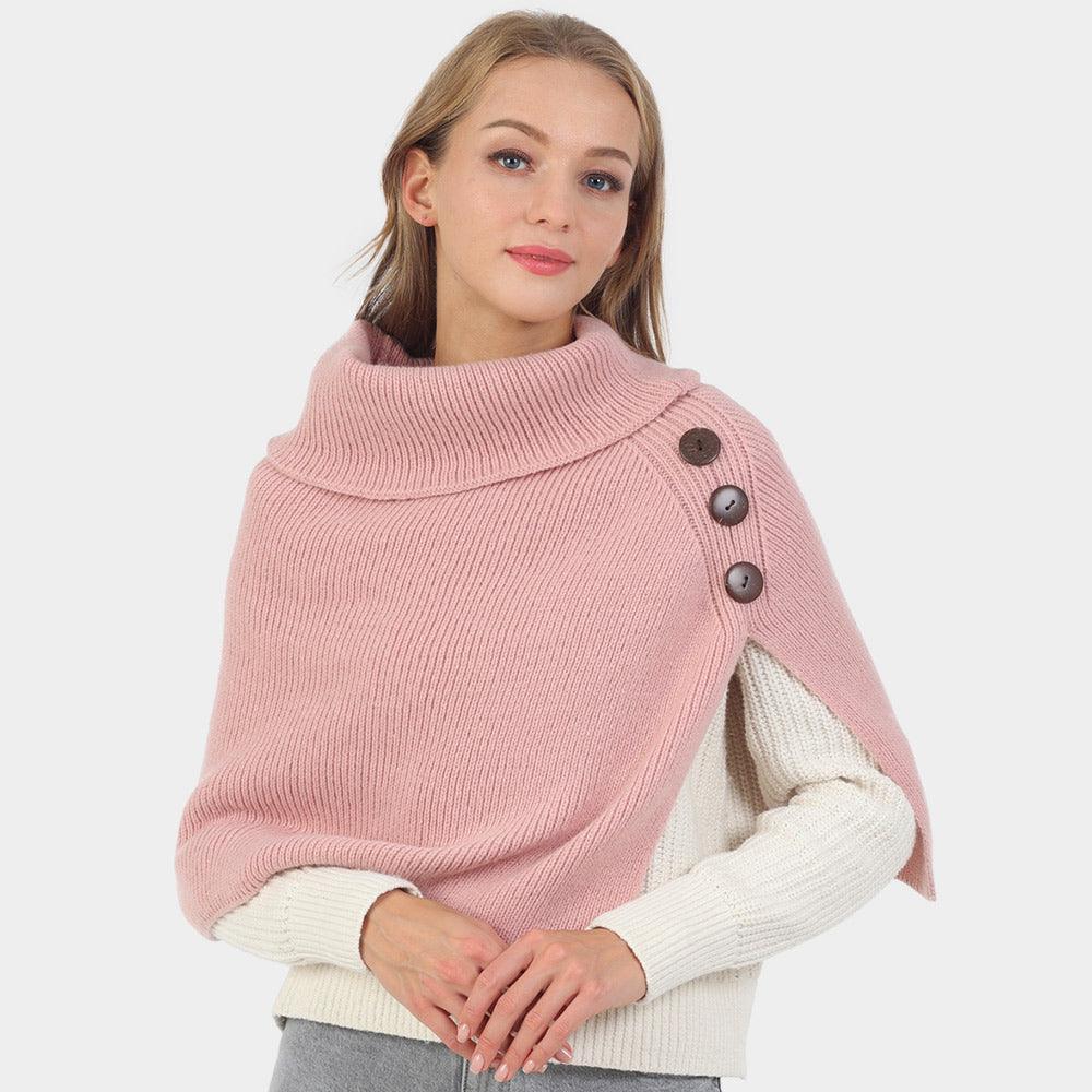 Pink Button Pointed Slit Turtleneck Knit Shawl Scarf