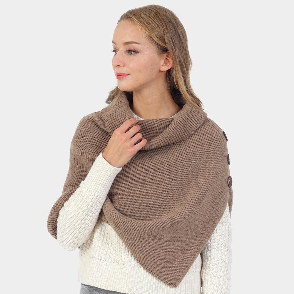 Taupe Button Pointed Slit Turtleneck Knit Shawl Scarf - Jewelry Store by Erik Rayo