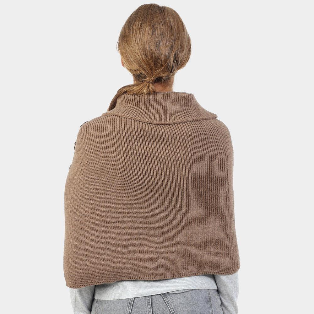 Taupe Button Pointed Slit Turtleneck Knit Shawl Scarf - Jewelry Store by Erik Rayo