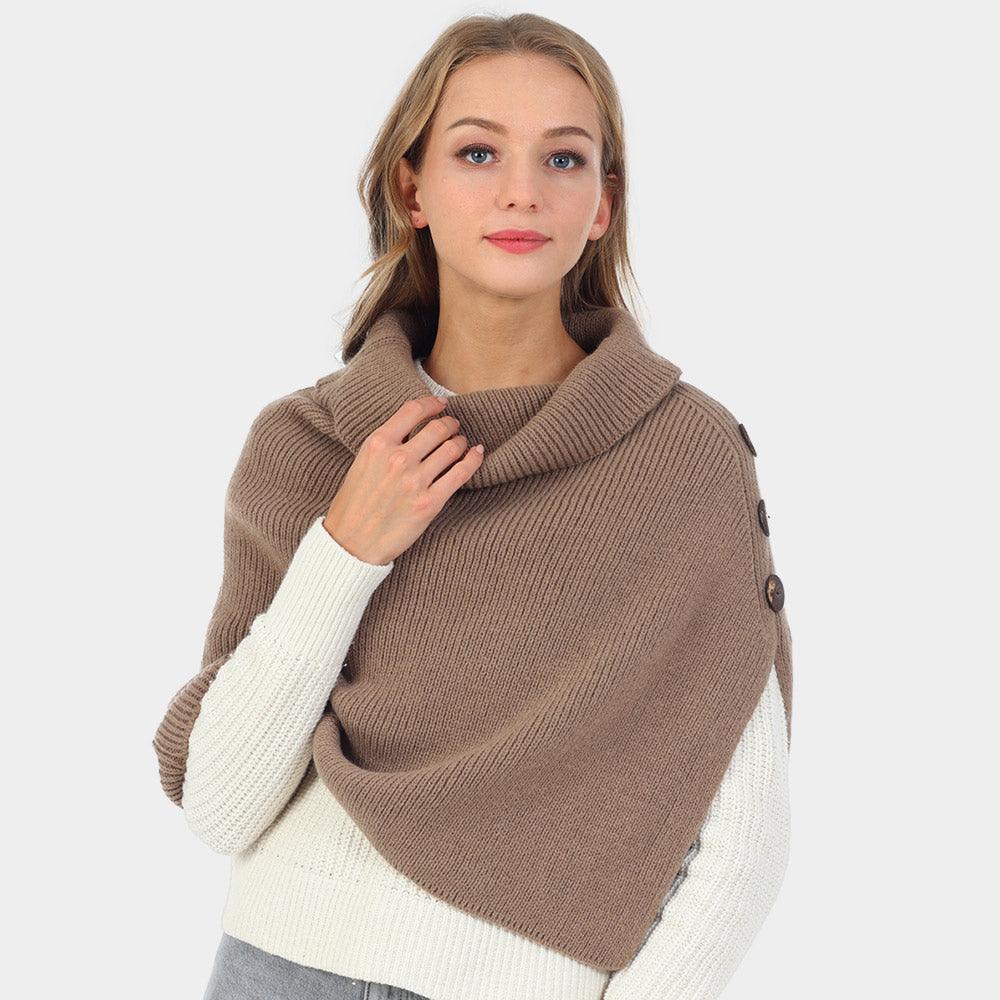 Taupe Button Pointed Slit Turtleneck Knit Shawl Scarf