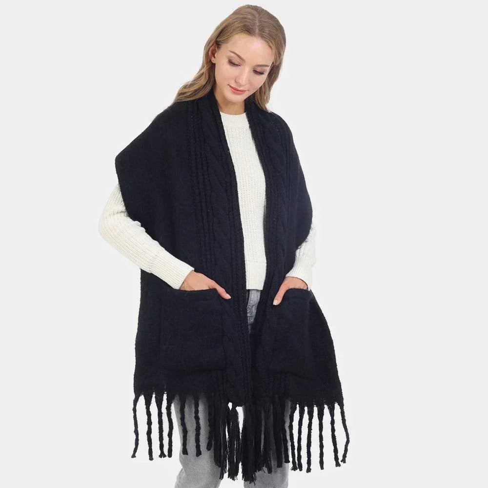 Black Solid Knit Pockets Tassel Oblong Scarf - Jewelry Store by Erik Rayo