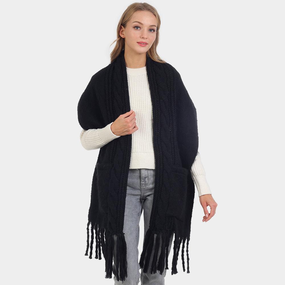 Black Solid Knit Pockets Tassel Oblong Scarf