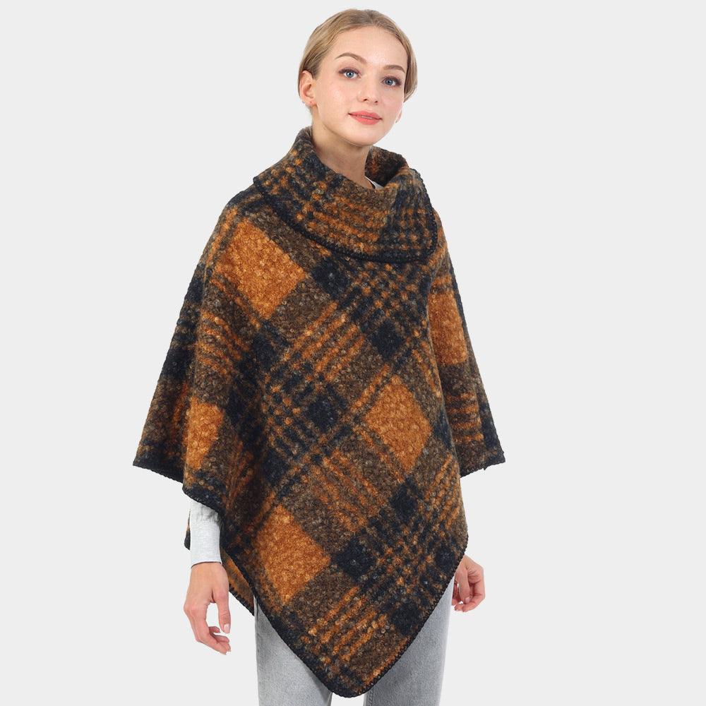 Brown Check Patterned Neck Poncho