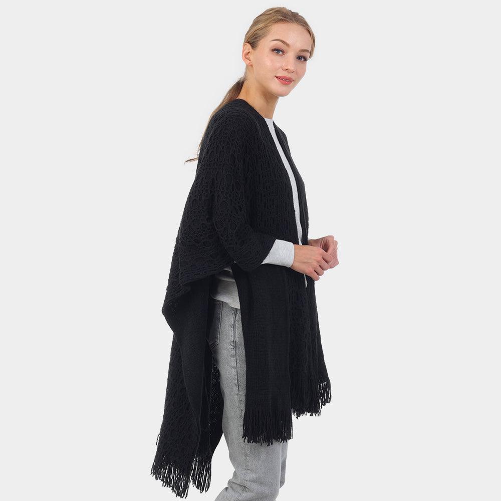 Black Cut Out Detailed Fringe Poncho - Jewelry Store by Erik Rayo