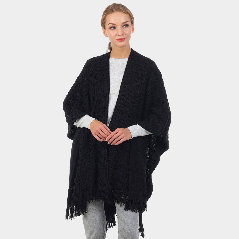 Black Cut Out Detailed Fringe Poncho - Jewelry Store by Erik Rayo