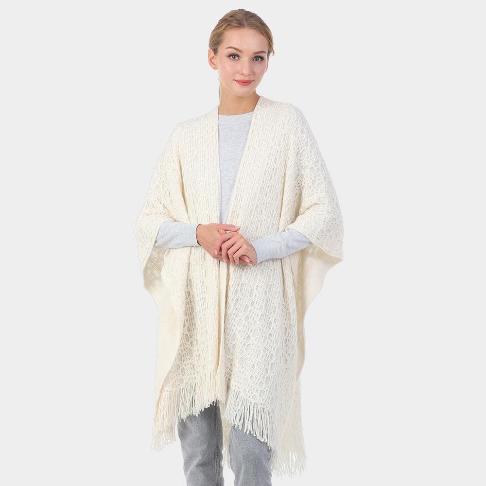 Ivory Cut Out Detailed Fringe Poncho - Jewelry Store by Erik Rayo